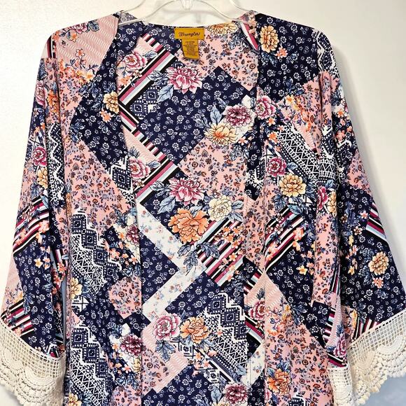 Wrangler Boho Western Patchwork Cardigan-Lace Trim, Open Front, Lightweight, Lg - Picture 4 of 7